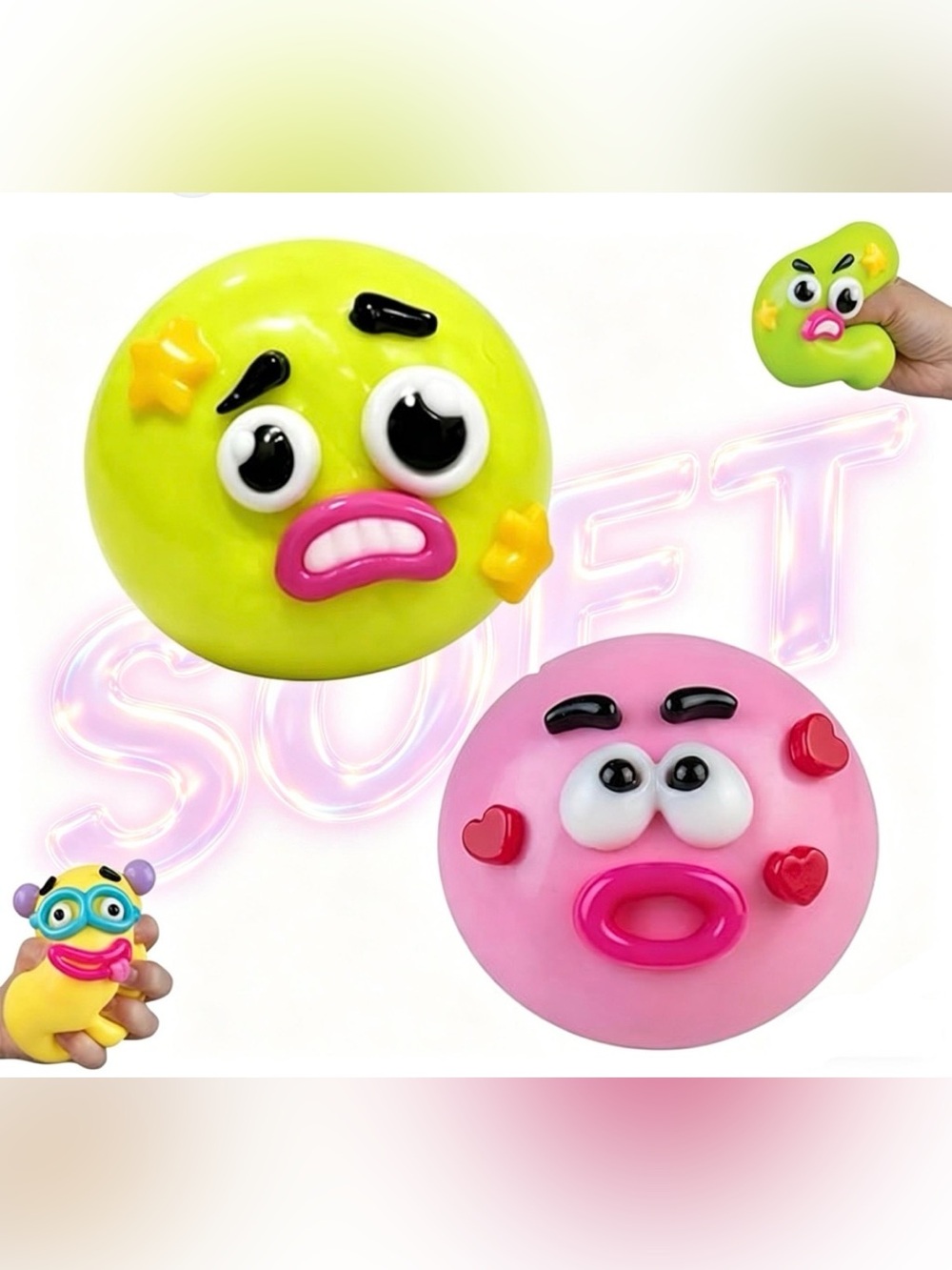 2 Cute Emoji Squeeze Toy - Pink & Lime Stress Balls